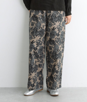 コーデュロイプリント ウエストゴムワイドシルエットパンツ(エッチング花柄ベージュ-ONESIZE)