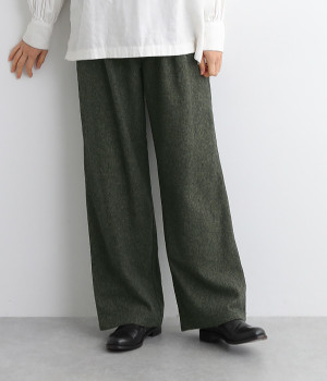 三つ杢ツィードクロモア ワンタックワイドシルエットパンツ(グリーン-ONESIZE)