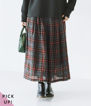 一部別注｜ウール先染めガーゼ 83丈裏付タックギャザースカート(グレー×レッド-ONESIZE)