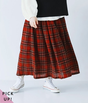 一部別注｜ウール先染めガーゼ 83丈裏付タックギャザースカート(レッドタータンチェック-ONESIZE)