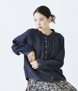 リネンコットン　インディゴデニム襟フリルドルマン貝釦ブラウス(インディゴデニム-ONESIZE)