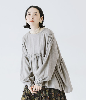 トップ染めシャンブレー起毛 胸元多数ピンタックコクーン長袖2WAYブラウス(ライトグレー-ONESIZE)