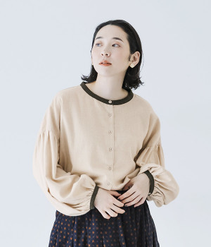 トップ染めシャンブレー起毛 バイカラーバルーン袖長袖ブラウス(ナチュラル×チャコール-ONESIZE)