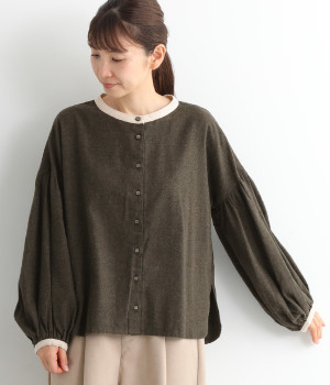 トップ染めシャンブレー起毛 バイカラーバルーン袖長袖ブラウス(チャコール×ナチュラル-ONESIZE)