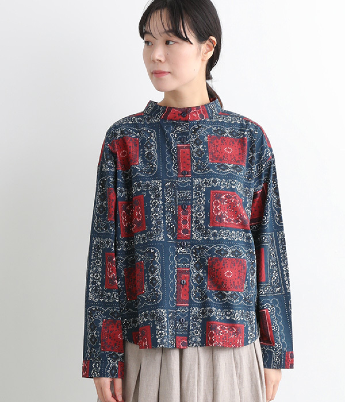 バンダナ柄 バンドカラー長袖シャツ(ネイビー×レッド-ONESIZE)