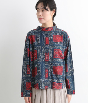 バンダナ柄 バンドカラー長袖シャツ(ネイビー×レッド-ONESIZE)