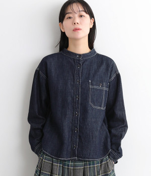 リネンコットン　インディゴデニム バンドカラー長袖シャツ(インディゴデニム-ONESIZE)