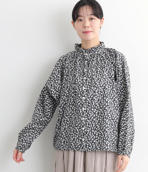 エンジェルソフトプリント 襟フリルドルマン貝釦ブラウス(猫柄ブラック-ONESIZE)