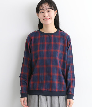 2重ガーゼインディゴ先染めストライプラグラン長袖ブラウス