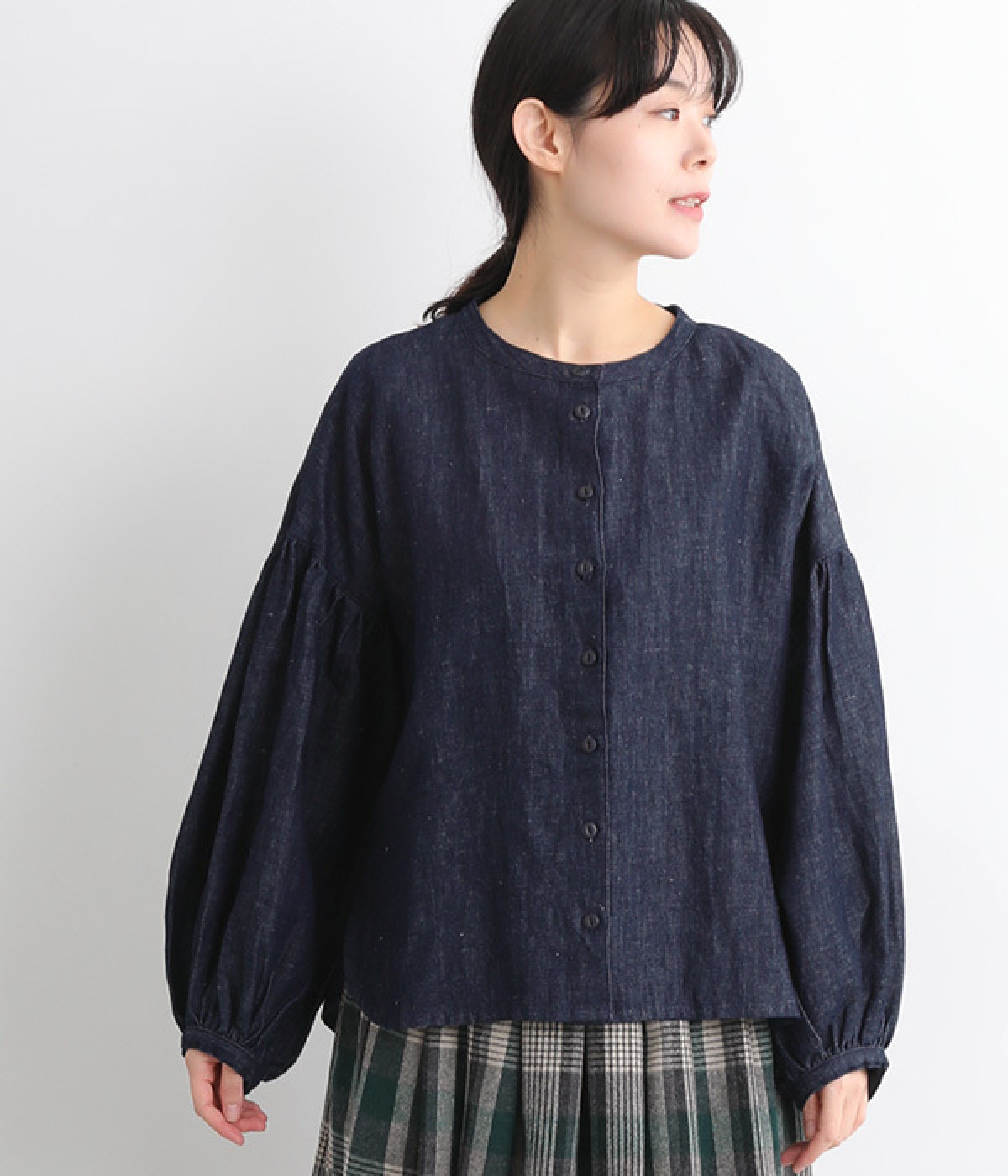 リネンコットン　インディゴデニム6.8オンス バルーン袖長袖ブラウス(インディゴデニム-ONESIZE)