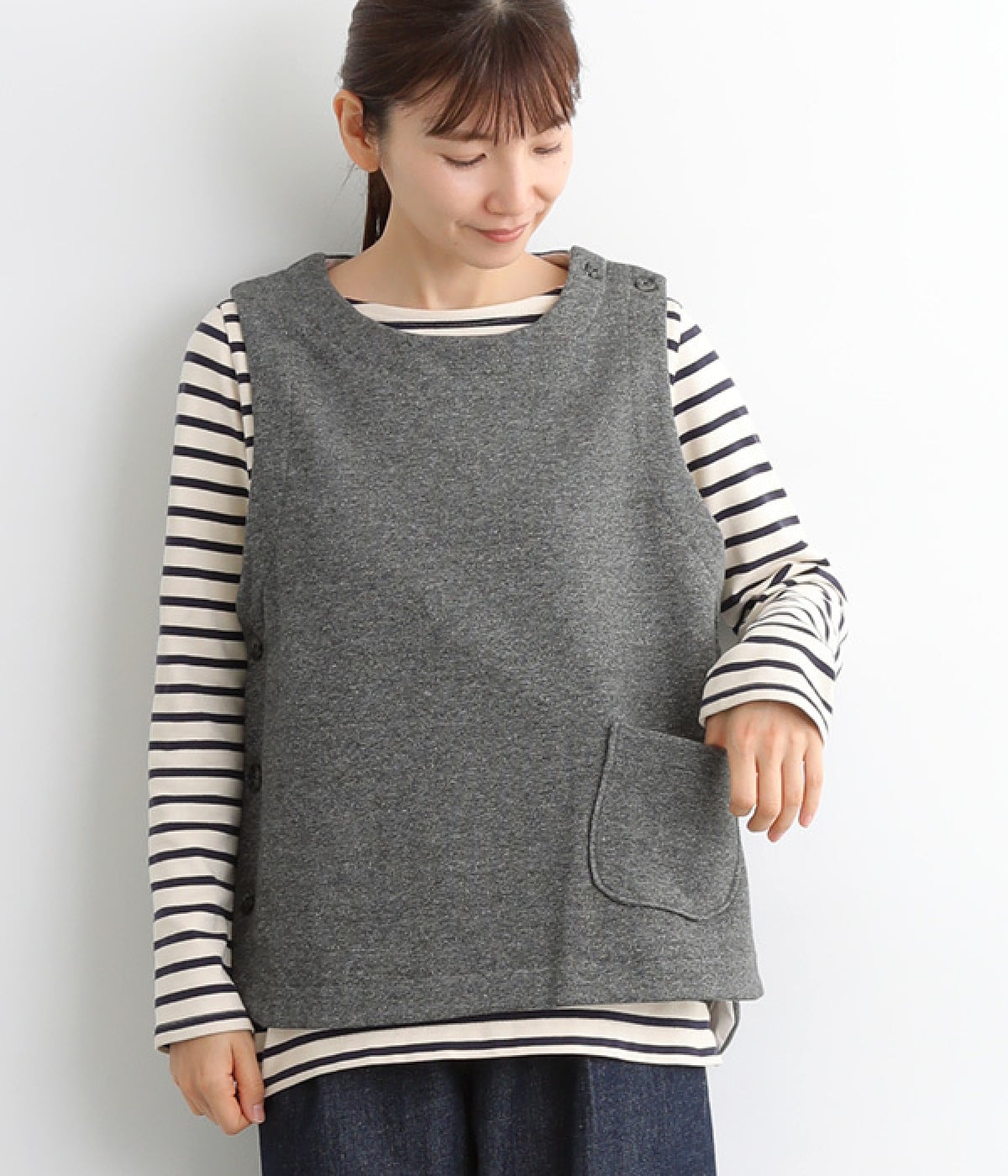 トップ杢裏毛 肩・両サイドスコッチ釦ベスト(トップチャコール杢-ONESIZE)