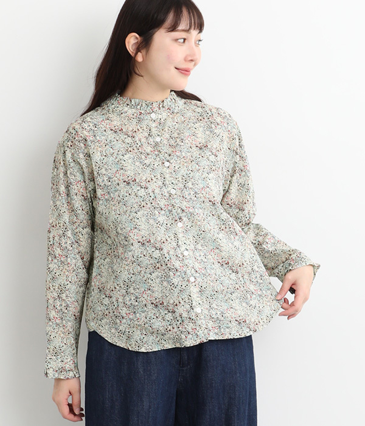 スプリンクルプリント 襟・袖口フリル貝釦長袖ブラウス(サックス-ONESIZE)