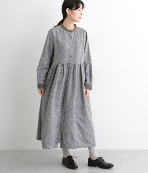 リネンシャンブレー起毛 バイカラーバンドカラー前開き長袖ワンピース(ブラックシャンブレー-ONESIZE)