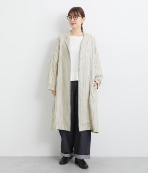 リネン先染ストライプカフスピンタックスコッチ釦アローコート(アイボリーストライプ-ONESIZE)