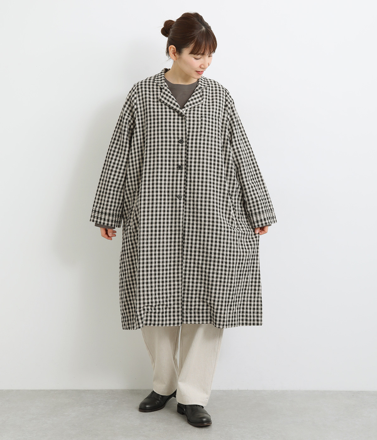 リネンコットン先染チェックカフスピンタックスコッチ釦アローコート(黒チェック-ONESIZE)