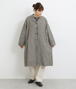 リネンコットン先染チェックカフスピンタックスコッチ釦アローコート(黒チェック-ONESIZE)