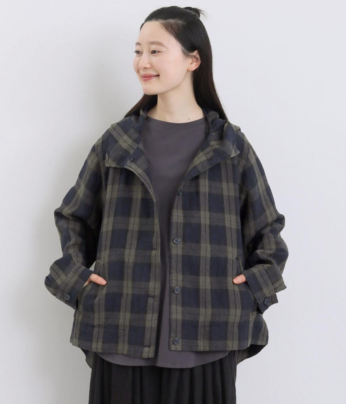リネン先染めネイビーチェックフード付きスコッチ釦テールジャケット(ネイビーチェック-F)