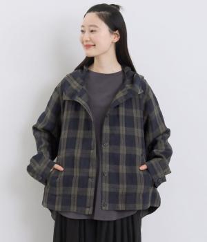 リネン先染めネイビーチェックフード付きスコッチ釦テールジャケット(ネイビーチェック-F)