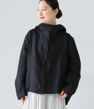 9番手洗いざらしリネン フード付きスコッチ釦テールジャケット(ブラック-F)