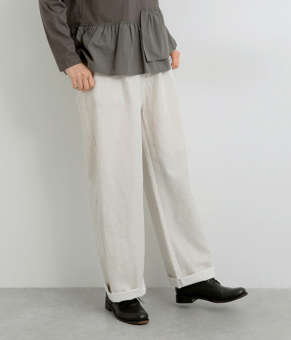 リネンコットンワンタックゆったりワイドパンツ(ナチュラルデニム-ONESIZE)