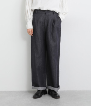 リネンコットンワンタックゆったりワイドパンツ(インディゴデニム-ONESIZE)
