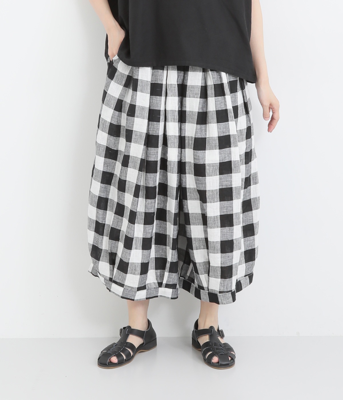 リネン先染ブロックチェック裏付ボリュームパンツ(黒ブロックチェック-ONESIZE)