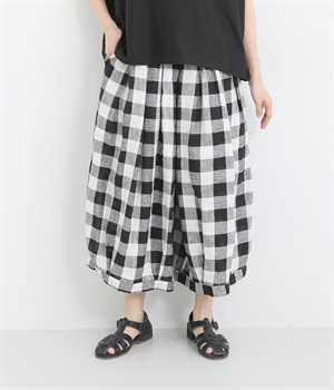 リネン先染ブロックチェック裏付ボリュームパンツ(黒ブロックチェック-ONESIZE)