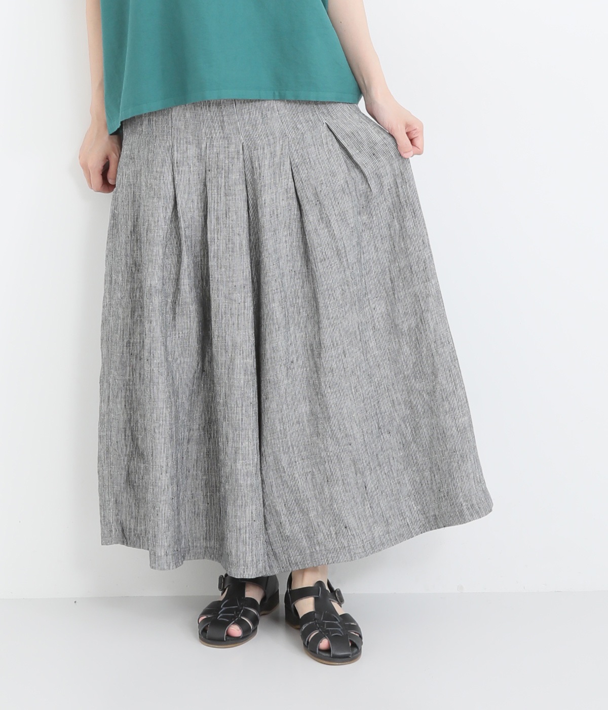 リネン先染ピンストライプ裏付キュロットパンツ(ブラックピンストライプ-ONESIZE)