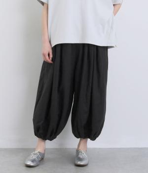 14番手洗いざらしリネン無地ウエスト・ポケ口リブ付裏付裾ゴムシャーリングボリュームパンツ(ブラック-F)