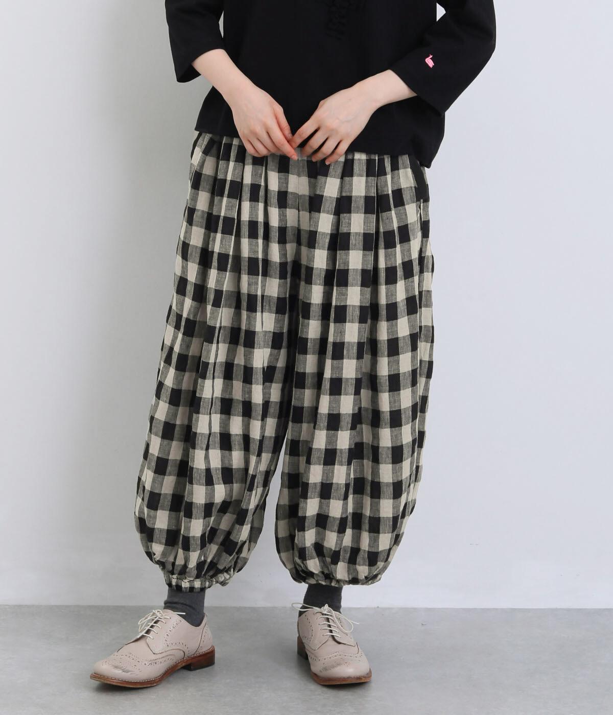 リネンブロックチェックウエスト・ポケ口リブ付裏付裾ゴムシャーリングボリュームパンツ(黒×ベージュ-F)
