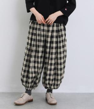 リネンブロックチェックウエスト・ポケ口リブ付裏付裾ゴムシャーリングボリュームパンツ(黒×ベージュ-F)