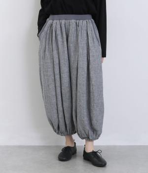 リネン先染めシャンブレー無地ウエスト・ポケ口リブ付裏付裾ゴムシャーリングボリュームパンツ