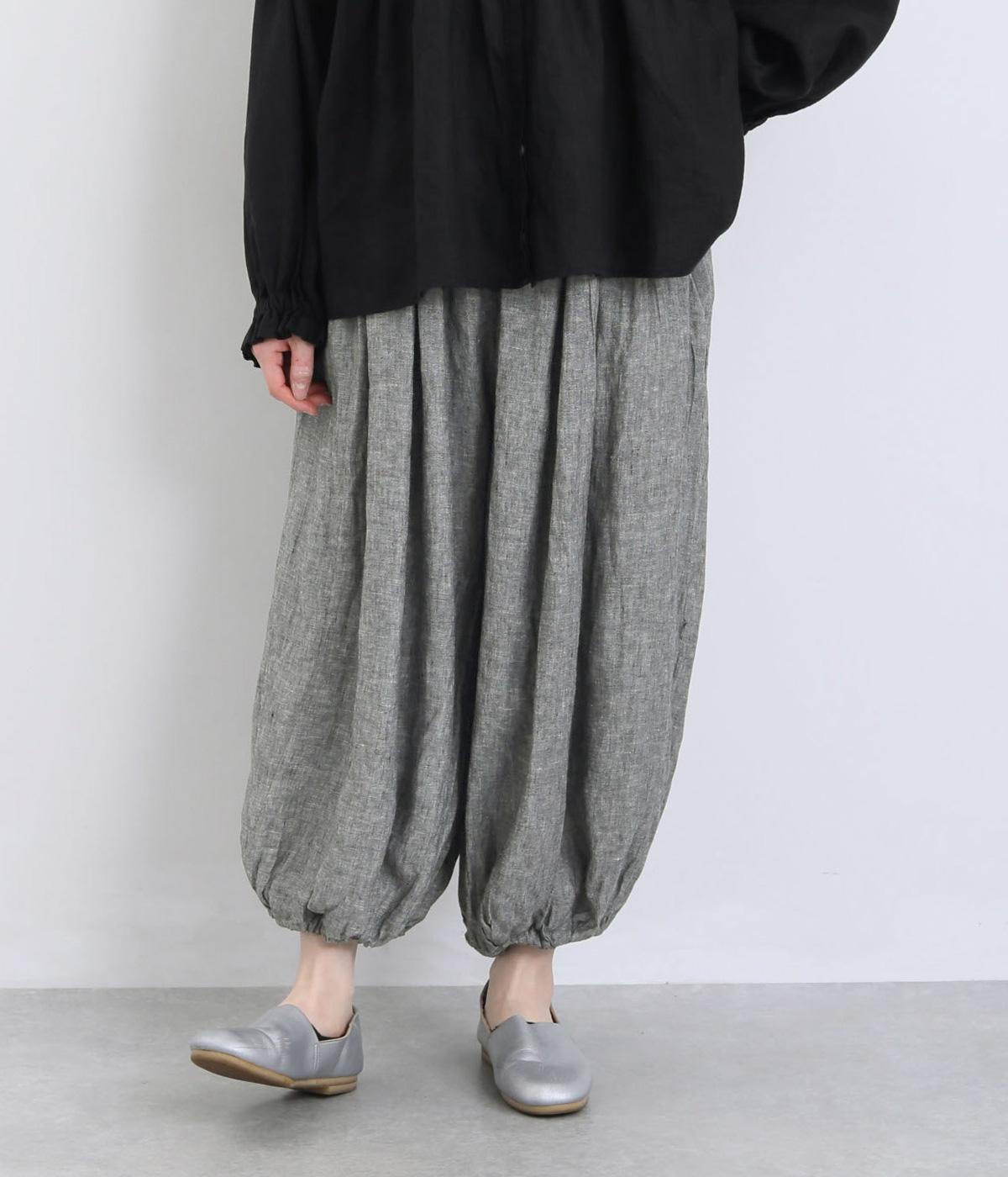 リネン先染めシャンブレー無地ウエスト・ポケ口リブ付裏付裾ゴムシャーリングボリュームパンツ(ブラックシャンブレー-F)