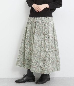 コットン スプラッシュペイント リバティー柄 タックギャザースカート(サックス-ONESIZE)