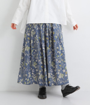 リネン花柄プリントタックギャザースカート(ブループリント-ONESIZE)