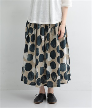 大丸プリント柄裏付83丈タックギャザースカート(紺まる-ONESIZE)