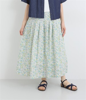 コットンミラクルウェーブ小花プリント裏付スカート(オフｘグリーン-ONESIZE)