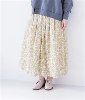 コットンミラクルウェーブ小花プリント裏付スカート(オフｘイエロー-ONESIZE)