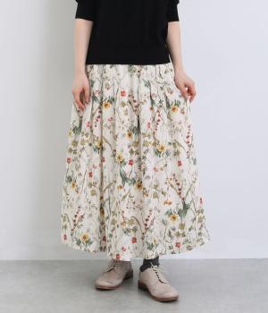 リネン水彩花プリント83丈裏地付きタックギャザースカート