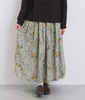 リネン水彩花プリント83丈裏地付きタックギャザースカート(グレー水彩画-F)