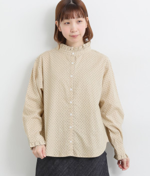 リネンコットン襟カフスフリル本貝釦ブラウス(ナチュラルドット-ONESIZE)