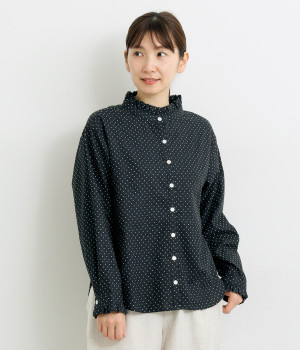 リネンコットン襟カフスフリル本貝釦ブラウス(ネイビードット-ONESIZE)