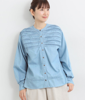 リネンコットンデニムボーダーピンタック本貝釦2wayブラウス