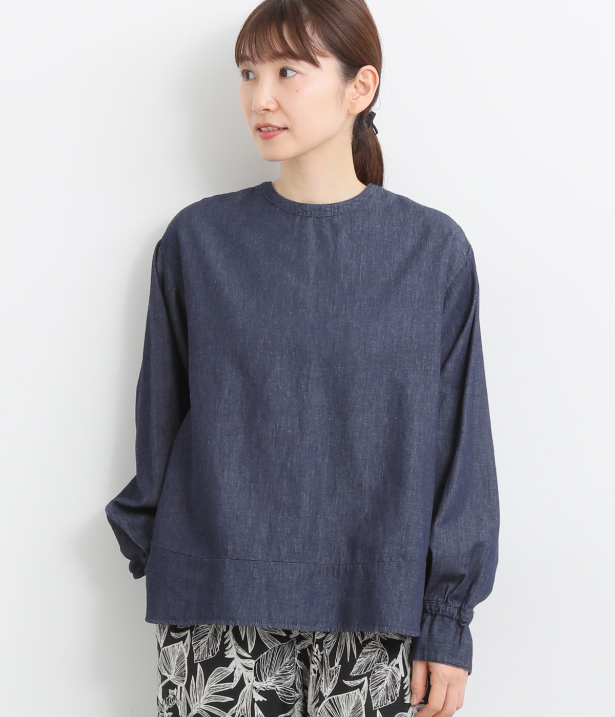 リネンコットンデニムボーダーピンタック本貝釦2wayブラウス(インディゴ-ONESIZE)