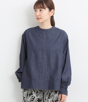 リネンコットンデニムボーダーピンタック本貝釦2wayブラウス(インディゴ-ONESIZE)