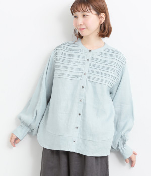 リネンボーダーピンタック本貝釦2wayブラウス(サックス-ONESIZE)
