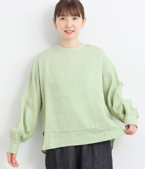 リネンボーダーピンタック本貝釦2wayブラウス(ミントグリーン-ONESIZE)