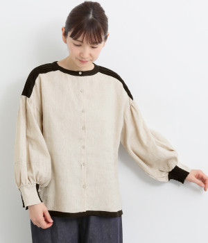 リネンバイカラー2wayブラウス(ナチュラルベース×ブラック-ONESIZE)