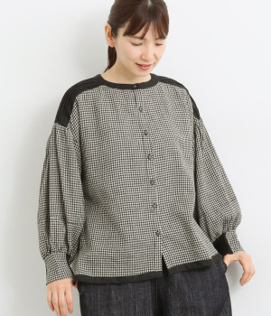 リネン先染ギンガムチェックバイカラー2wayブラウス