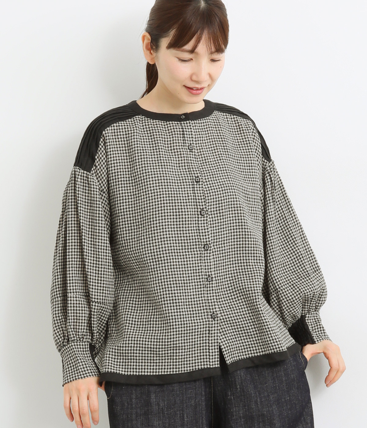 リネン先染ギンガムチェックバイカラー2wayブラウス(ギンガム×ブラック-ONESIZE)